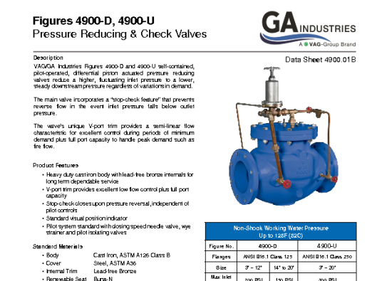Pressure Reducing and Check Data Sheet 4900-01B